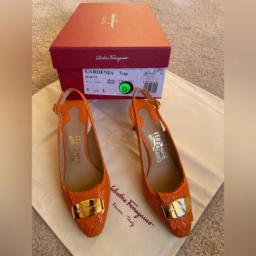 SALVATORE FERRAGAMO Gardenia Python Skin Orange Pebble Calf Heels Size 5 1/2 C - Picture 7 of 11